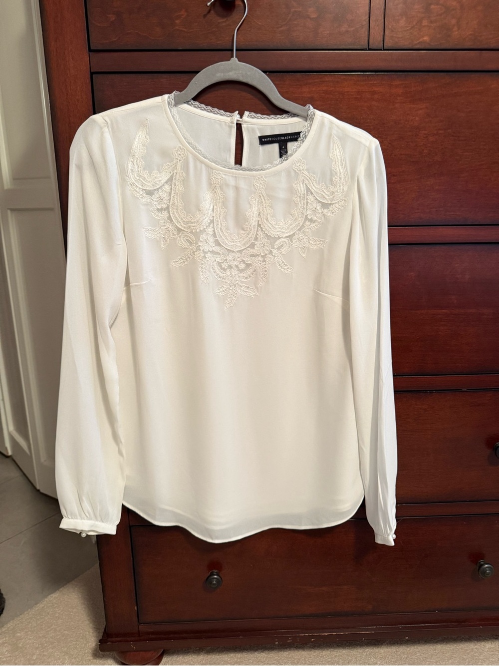 White House Black Market Ivory Embroidered Long-Sleeve Blouse